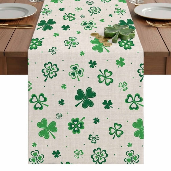 St. Patrick's Day Green Shamrock Lucky Clover Spring Table Runner 13 x 36 Inch, Washable Cotton Linen Dining Table Runner Tabletop Decorations for Restaurant Home Kitchen Party