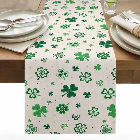 St. Patrick's Day Green Shamrock Lucky Clover Spring Table Runner 13x36 inch Cotton Linen Dining Table Runner Ideal for Dresser Kitchen Coffee Tables - Machine Washable
