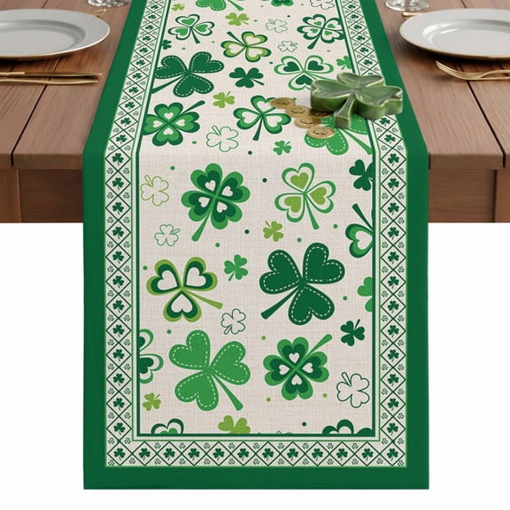 St. Patrick's Day Green Shamrock Lucky Clover Table Runner 13 x 36 Inch, Washable Cotton Linen Dining Table Runner Tabletop Decorations for Restaurant Home Kitchen Party