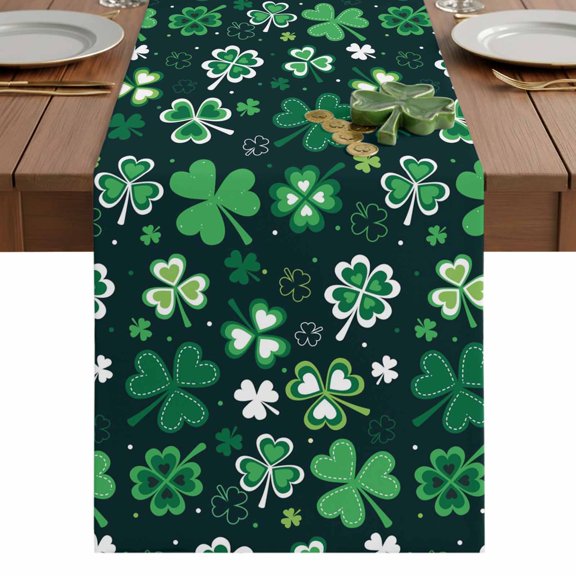 St. Patrick's Day Green Shamrock Table Runner-36 Inch Long Lucky Clovers Country Leaf Seamless Table Runners Linen Burlap Tablerunner for Kitchen Dining Room Holiday Party