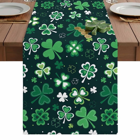 St. Patrick's Day Green Shamrock Table Runner-48 Inch Long Lucky Clovers Country Leaf Seamless Table Runners Linen Burlap Tablerunner for Kitchen Dining Room Holiday Party