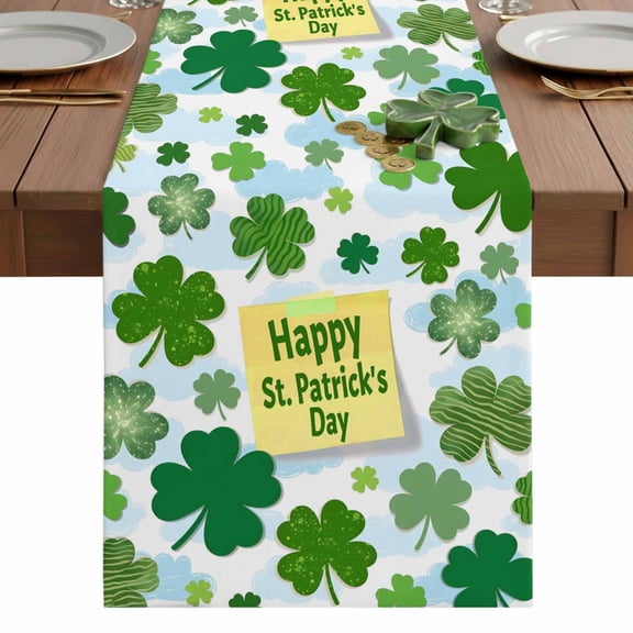 St. Patrick's Day Green Shamrock Table Runner-48 Inch Long Lucky Leaves Clouds Table Runners Linen Burlap Tablerunner for Kitchen Dining Room Holiday Party