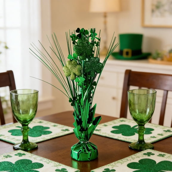 St. Patricks Day Green Shamrock Tabletop Arrangement, Artificial Clover & Greenery Bouquet with Ceramic Base, Irish-Themed Decor for Dining Table, Bar, Shelf & Holiday Decoration, 13*2.55in, Green