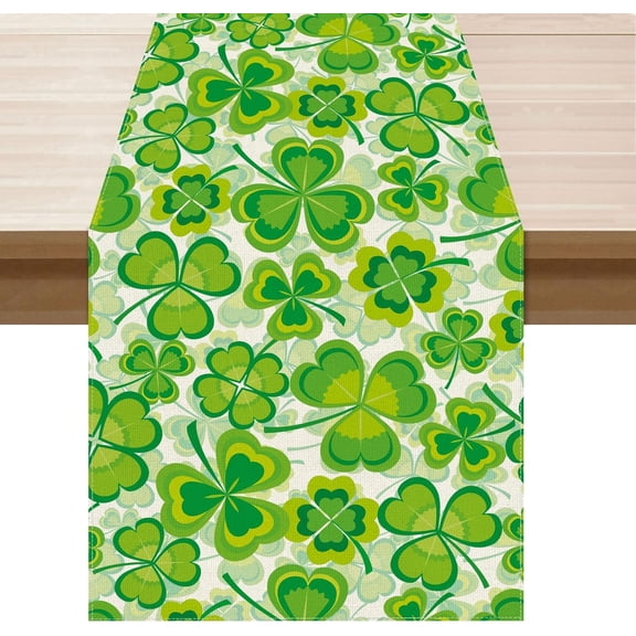 St. Patrick''s Day Green Shamrocks Four-Leaf Clovers Table Runner Burlap Table Decoration for Home Kitchen Dining Dinner Indoor Holiday Farmhouse Decor 13.8x108 Inch