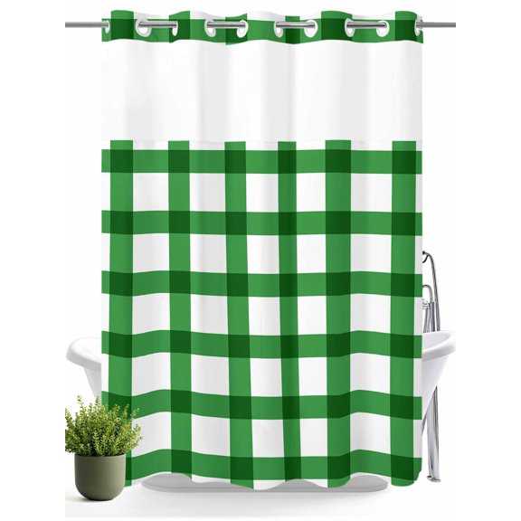 St Patrick's Day Green Stripe Lattice No Hooks Shower Curtain with Snap in Fabric Liner Set, Classic Buffalo Checker on White Waterproof Shower Curtains with See Through Top Window, 60x72 Inch