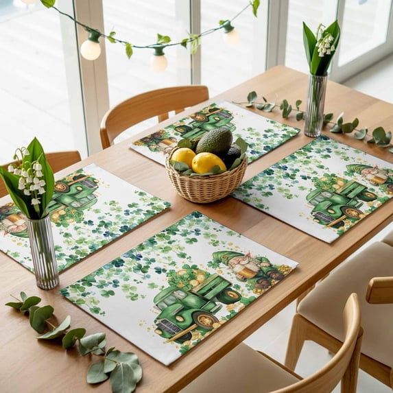 St. Patrick's Day Green Truck Gnome Placemats Set of 4,Wipeable Washable Table Mats for Dining Tables, Four Leaf Gold Coin Place Mats for Kitchen Event Party Tabletop Decor