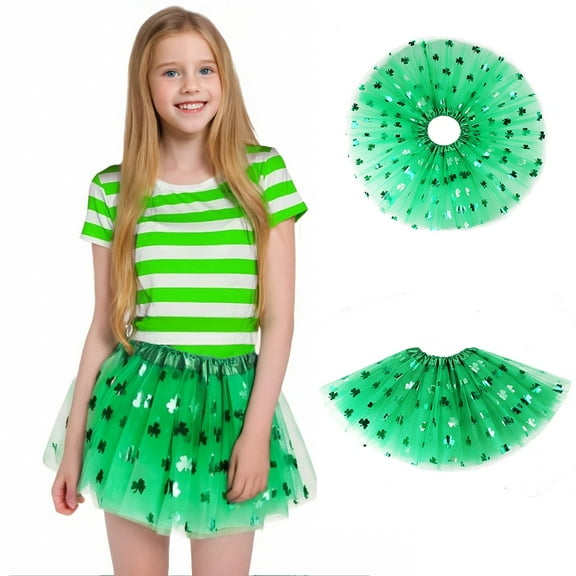 St. Patrick’s Day Green Tutu Skirt – 3-Layer Tulle Clover Print for Girls/Teens (One Size)