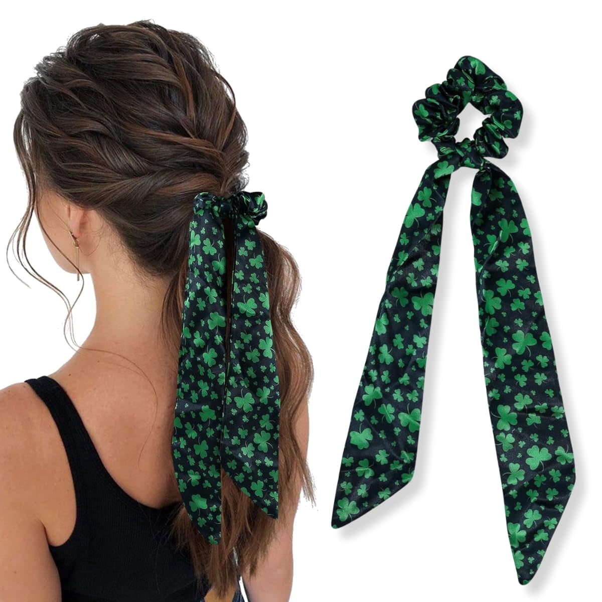 St. Patrick's Day Hair Scarf Scrunchie Green Shamrock Elastic Hair Scrunchies for Women Ponytail Holder Hair Accessories