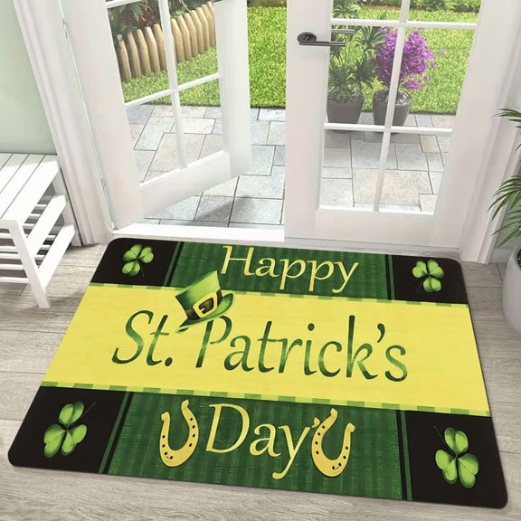 St. Patrick's Day Happy Shamrock Flannel Doormat, Machine Washable Rectangular Home Rug, Lightweight Polyester Material, Suitable for Outdoor Porch, Kitchen, Living Room, Bathroom or Office Decor.