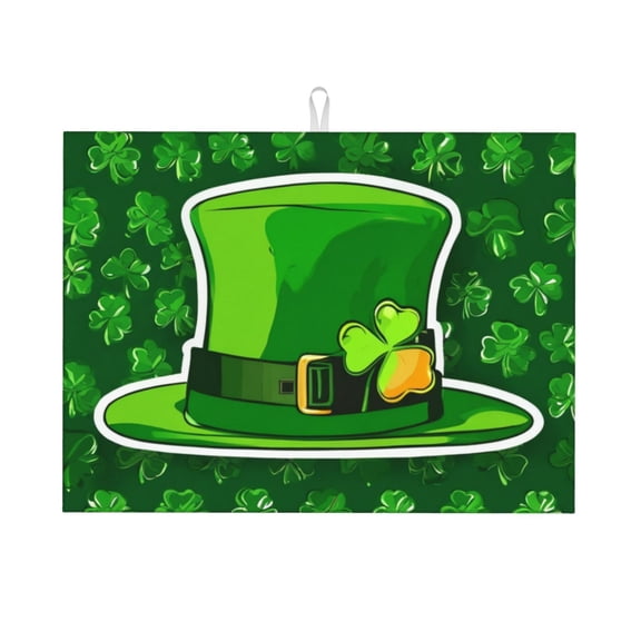 St Patrick's Day Hat Dish Drying Mat XL for Kitchen Counter Microfiber Absorbent Leaves Dish Draining Mat Reusable Washable Large 18"x24"