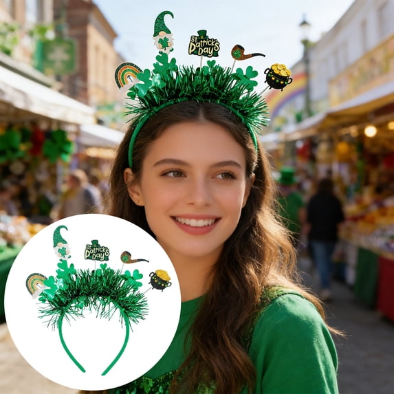 St. Patrick’s Day Headband, Green Shamrock and Glitter Decor, Fun Holiday Accessory with Leprechaun, Rainbow, and Pot of Gold