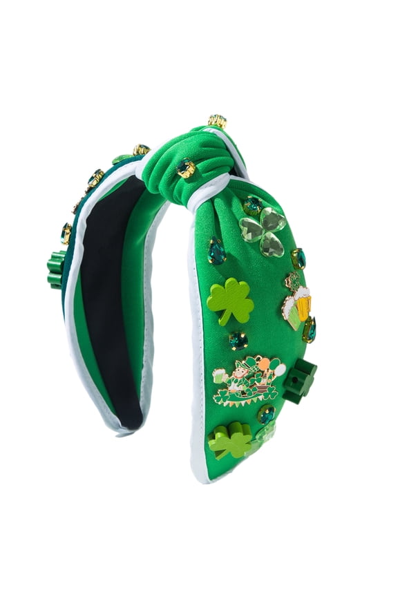 St.Patrick's Day Headbands for Women Girl Green Shamrock Knotted Hairband Sparkling Jeweled Crystal Rhinestone Wide Top Knot Headband for Irish Holiday Party Hair Accessories Gifts
