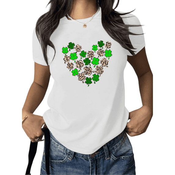 St Patrick’s Day Heart Shaped Clover Leopard Graphic Simple Minimalist Tees Shirts Tops Cotton Short Sleeve White S-5XL