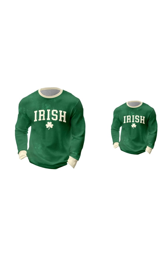 St. Patrick's Day Herringbone Grid Print Long Sleeve Tee, Men's Irish Clover Shamrock Shirt for Casual Wear