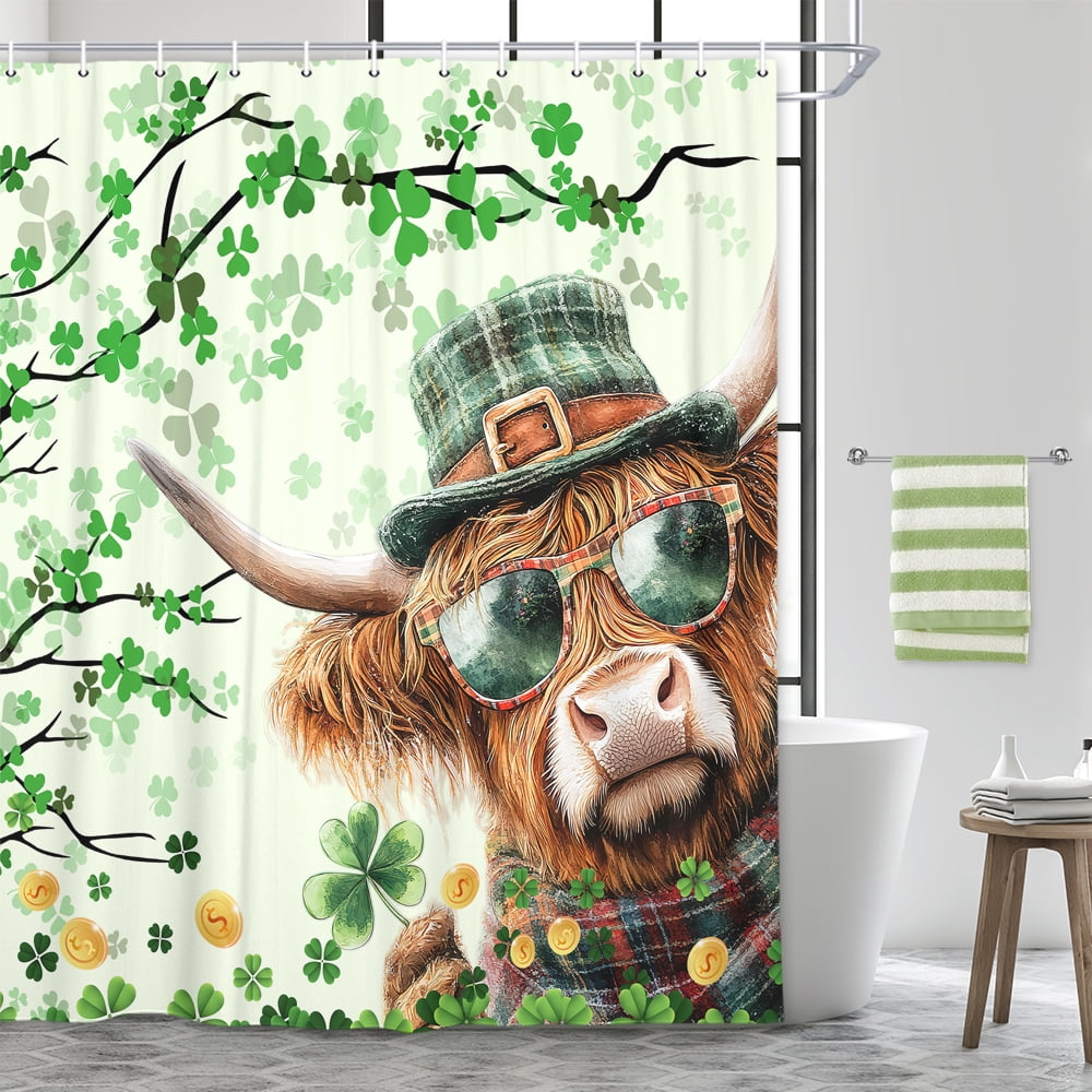 St. Patrick's Day Highland Cow Retro Shower Curtain, Funny Animals Green Clover Board Spring Farmhouse Bathroom Bathtubs Decor, Polyester Shamrock Leaves Bathroom Accessories with Hooks, 69X75in