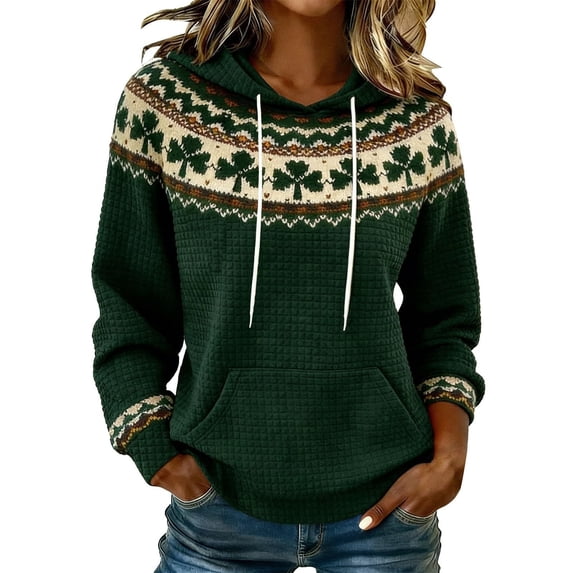 St. Patrick's Day Hoodie for Women, Print Shamrock Knot Pattern Pullover Sweatshirt with Front Pocket(Dark Green2,XXL)