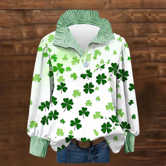 St. Patrick's Day Hoodie for Women Classic Plaid Pattern Ribbed Collared Button Placket Long Sleeve Loose Fit Festive Holiday Graphic Top