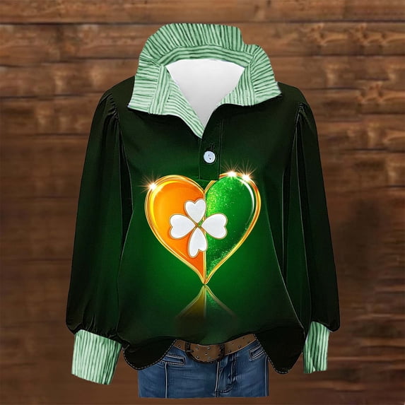 St. Patrick's Day Hoodie for Women Classic Plaid Pattern Ribbed Collared Button Placket Long Sleeve Loose Fit Festive Holiday Graphic Top