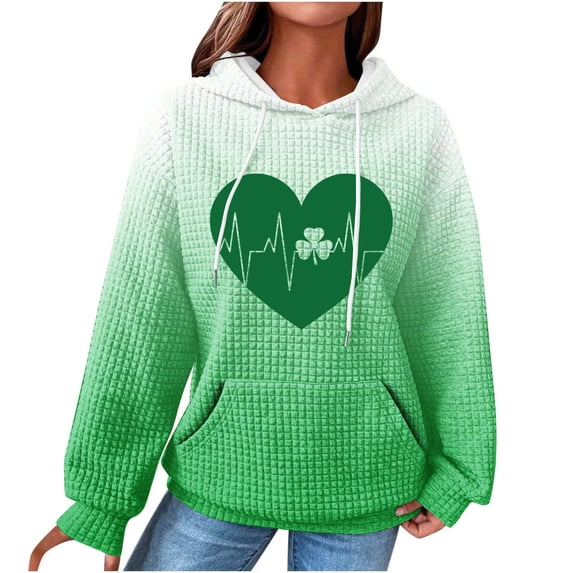 St. Patrick's Day Hoodies for Women Cozy Waffle Long Sleeve Fashion Gradient Color Graphic Print Oversize Sweatshirts(White,L)