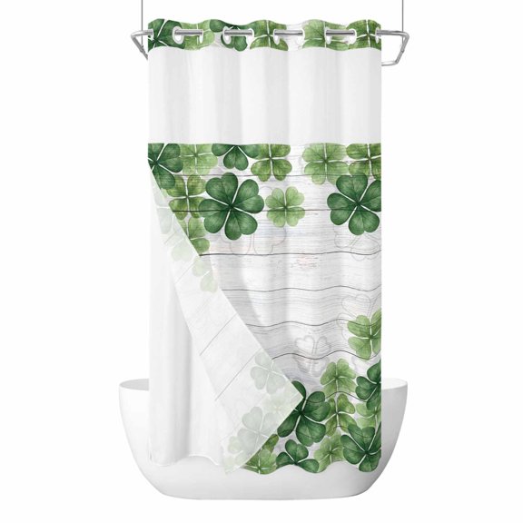St. Patrick's Day No Hook Shower Curtain with Snap in Liner, Waterproof Fabric Shower Curtains, Green Lucky Shamrock Leaf Wooden Gray Shower Curtain Set Top See Through for Bathroom 36"x78"