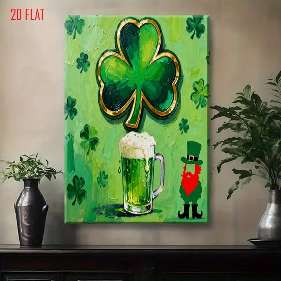 St. Patrick's Day Irish Folk Art Painting - Clover & Irish Dwarfs (Leprachauns) with Pot of Golden, Wrapped Canvas Frame, Green & Golden Hues for Irish Pub Wall Decor,, or Party - Celtic-Themed Gift,