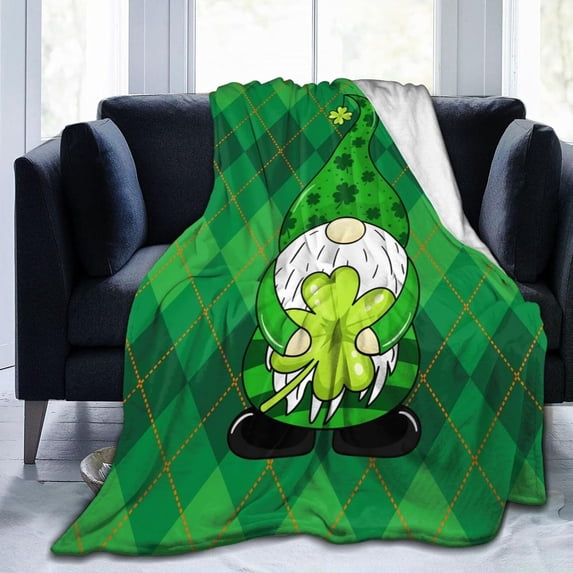 St. Patrick''s Day Irish Gnome with Clover Throw Blanket Soft Warm Cozy Lightweight Blankets Lucky Green Day Gift Flannel Blanket for Sofa Couch Bed Office Holiday Decorative 80"X60"