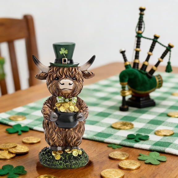 St. Patrick's Day Irish Highland Cow Figurine with Golden Shamrocks, Leprechaun Pot Cow Statue, Festive Irish Holiday Decor for Home & Patio, Green Shamrock Cow Ornament