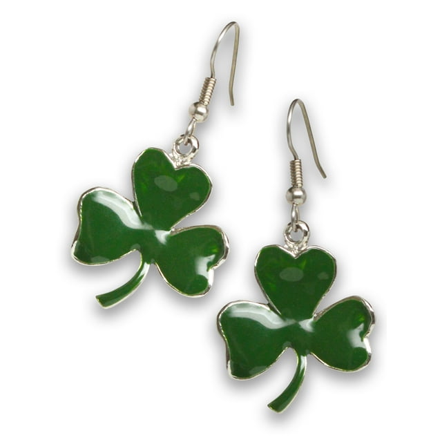 St. Patrick's Day Irish Shamrock Dangle Earrings Green Enamel Silver Finish Pewter Real Metal #1037