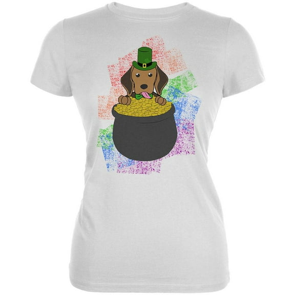 St. Patrick's Day Kerry Beagle Dog Irish Gold Lucky Juniors Soft T Shirt White LG