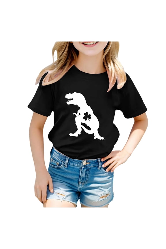 St. Patrick's Day Kids Dinosaur T-Shirt, Boys & Girls Clover Print Short Sleeve Tee | Cute Festival Holiday Top for Children | Soft Casual Play Shirt（Black,90)