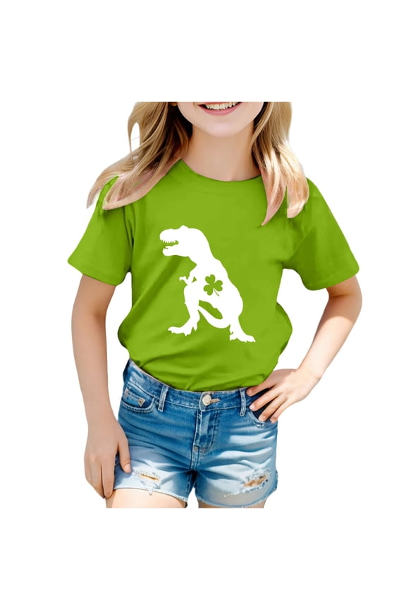 St. Patrick's Day Kids Dinosaur T-Shirt, Boys & Girls Clover Print Short Sleeve Tee | Cute Festival Holiday Top for Children | Soft Casual Play Shirt（Green,130)
