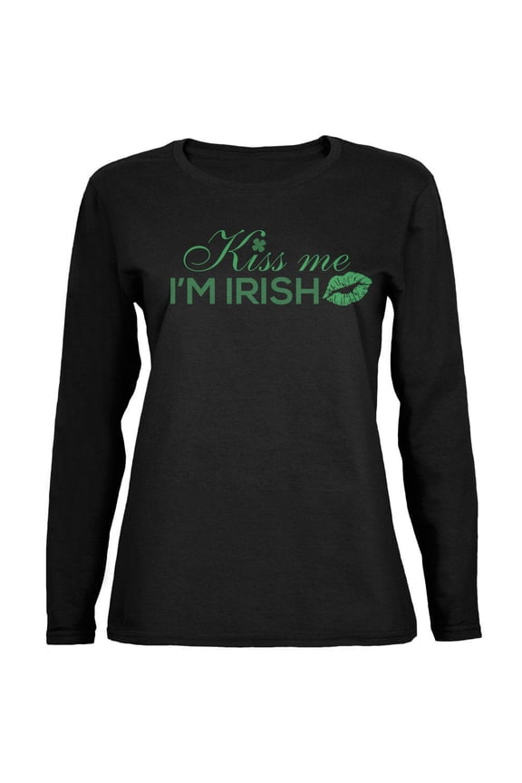 St. Patrick's Day Kiss Me I'm Irish Black Womens Long Sleeve T-Shirt - X-Large