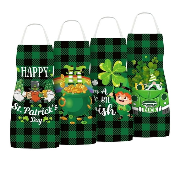 St. Patrick's Day Kitchen Apron (4 Pack) - Black & Green Plaid Apron with Leprechaun Pot of Gold Four-Leaf Clover, Decorative Practical Cooking Baking Apron for Holiday Gatherings