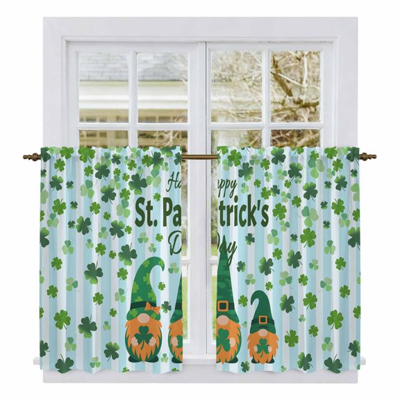 St. Patrick's Day Kitchen Curtains 45 Inch Length, Gnomes Shamrock Clovers Blue Stripes Tiers Curtains for Bathroom Bedroom Cafe, Light Filtering Small Window Treatment Drapes 2 Panels 42"Wx45"L