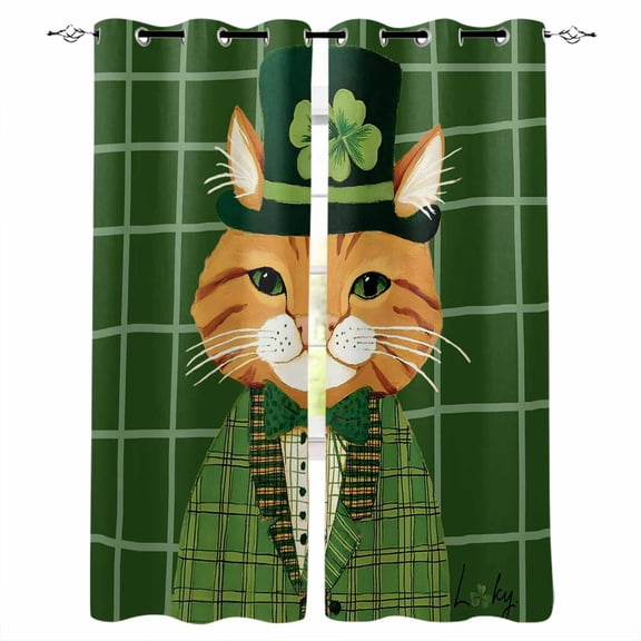 St. Patrick's Day Kitchen Curtains Green Shamrock Kitten Cats Hat Buffalo Plaid Cafe Short Curtains for Bathroom Blackout Window Curtain Small Window Treatment Drapes for Bedroom 27.5"x39"x2
