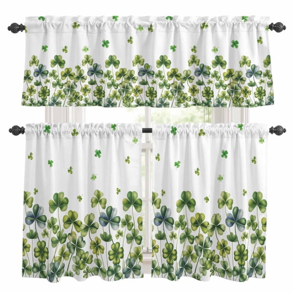 St. Patrick's Day Kitchen Curtains Sets for Windows 24 Inch Length, Lucky Shamrock Spring Botanical Rod Pocket Window Treatments Tier Curtains and Valances Set for Bedroom/Bathroom