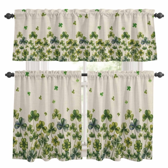 St. Patrick's Day Kitchen Curtains Sets for Windows 24 Inch Length, Spring Green Shamrock Botanical Beige Rod Pocket Window Treatments Tier Curtains and Valances Set for Bedroom/Bathroom