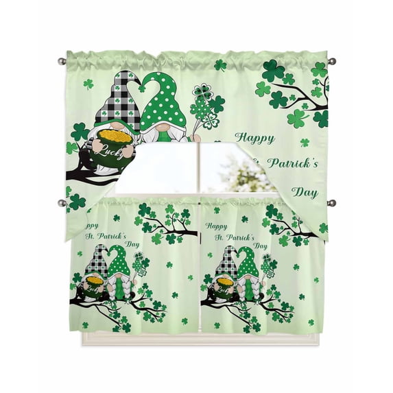 St. Patrick's Day, Kitchen Curtains Swag Valance and Tier Curtains Set 24 Inch Length, Shamrock Gnomes Coin Rod Pocket Drape Panels Pair Swag Curtains for Bathroom/Cafe/Window