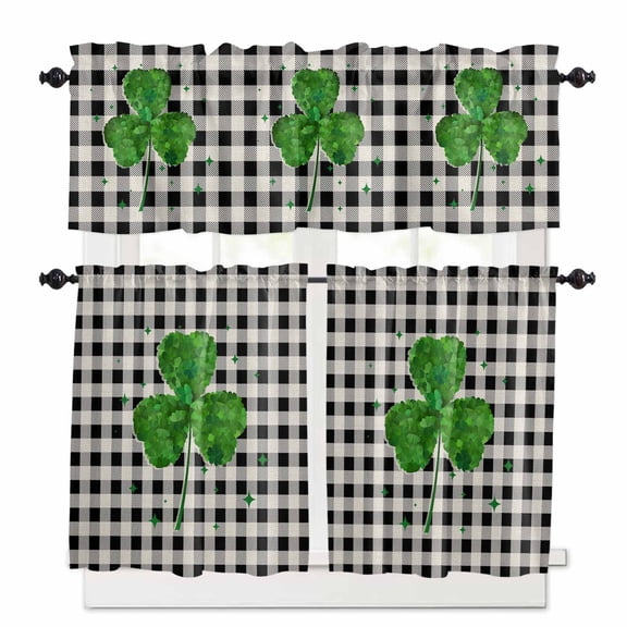 St. Patrick's Day Kitchen Curtains Valances and Tiers Set of 3 Shiny Green Lucky Shamrocks Plant Black Plaid Tier Curtains and Valance Rod Pocket Valance Curtains Set for Windows 24 Inch Length