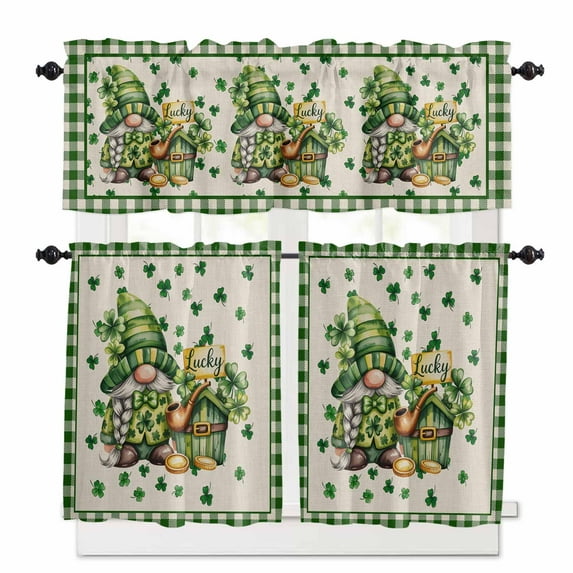 St. Patrick's Day Kitchen Curtains Valances and Tiers Set of 3 Vintage Watercolor Green Gnome Lucky Shamrocks Plaid Tier Curtains and Valance Rod Pocket Valance Curtains Set s 24 Inch Length