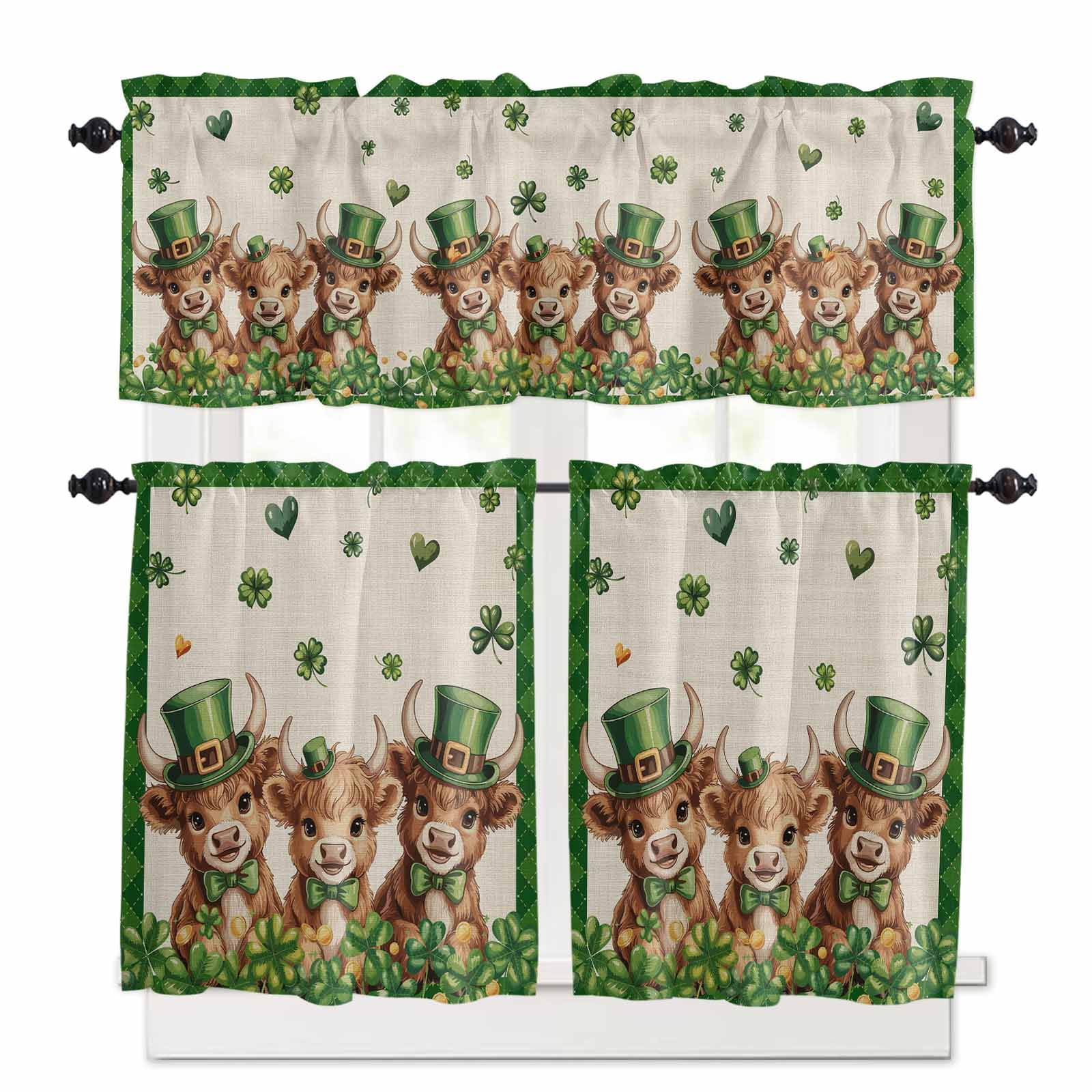 St. Patrick's Day Kitchen Curtains Valances and Tiers Set of 3 Watercolor Green Hat Cow Shamrock Love Linen Texture Tier Curtains and Valance Rod Pocket Valance Curtains Set s 36 Inch Length