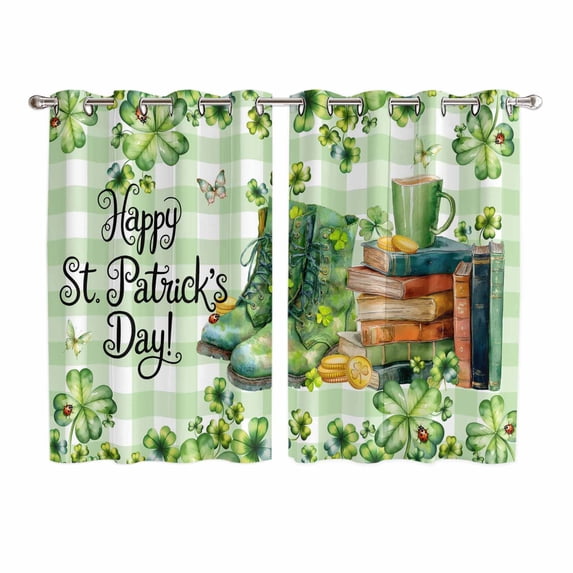 St. Patrick's Day Kitchen Curtains Window Panels, Lucky Shamrocks Boots Green Buffalo Plaid Insulated Window Treatment Curtain, Grommet Curtains for Bedroom/Living Room/Bathroom, 2 Piece 52"Wx72"L