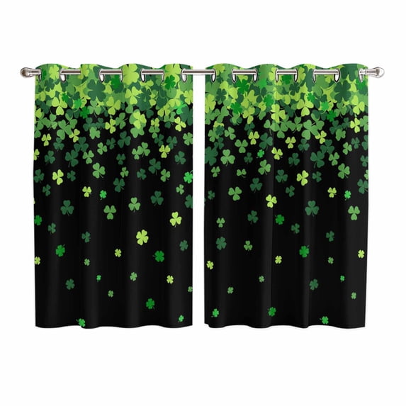 St. Patrick's Day Kitchen Curtains Window Panels, Spring Lucky Shamrocks Leaves Black Insulated Window Treatment Curtain, Grommet Curtains for Bedroom/Living Room/Bathroom, 2 Piece 52"Wx63"L