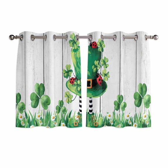 St. Patrick's Day Kitchen Curtains Window Panels, Spring Shamrock Hat Daisy Ladybirds Wood Gray Insulated Window Treatment Curtain, Grommet Curtains for Bedroom/Living Room, 2 Piece 52"Wx45"L