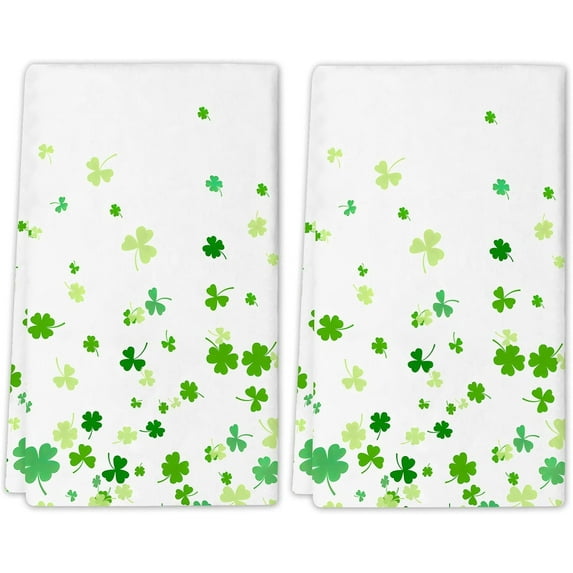 St. Patrick''s Day Kitchen Dish Towels, 2 PC Green Shamrocks Tea Towels, Lucky Clover Seasonal Decoration Hand Towels for Bathroom Kitchen Baking Cooking 18x26 Inch