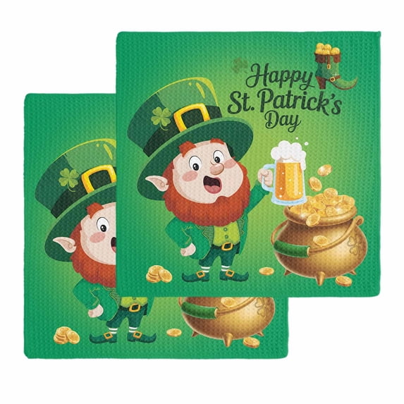 St. Patrick's Day Kitchen Dish Towels for Drying Dishes Set of 2, Funny Gnomes Beer Gold Coin Shamrock Green Waffle Weave Microfiber Hand Tea Bathroom Towels Quick Dry & Absorbent Towel 12x12