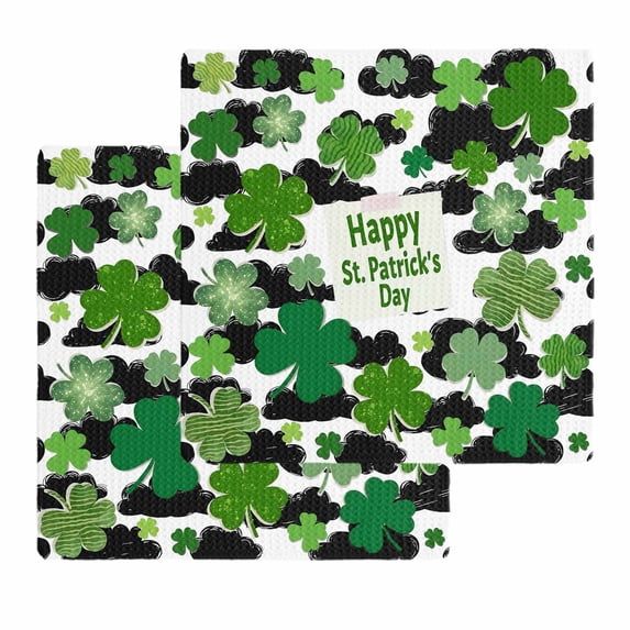 St. Patrick's Day Kitchen Dish Towels for Drying Dishes Set of 2, Green Shamrock Leaves Black Cloud Spring Waffle Weave Microfiber Hand Tea Bathroom Towels Quick Dry & Absorbent Towel 12x12