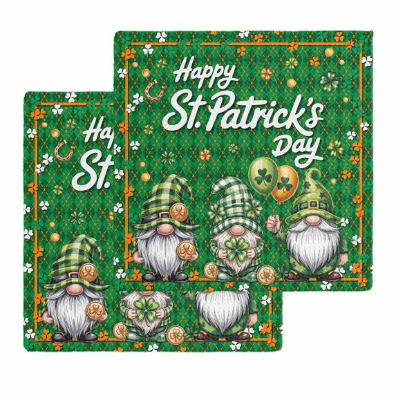 St Patrick's Day Kitchen Dish Towels for Drying Dishes Set of 2, Lucky Gnomes Shamrock Balloon Green Plaid Waffle Weave Microfiber Hand Tea Bathroom Towels Quick Dry & Absorbent Towel 12x12