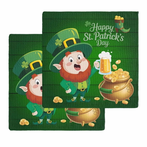 St. Patrick's Day Kitchen Dish Towels for Drying Dishes Set of 2, Lucky Shamrock Gnomes Beer Coin Wood Green Waffle Weave Microfiber Hand Tea Bathroom Towels Quick Dry & Absorbent Towel 12x12