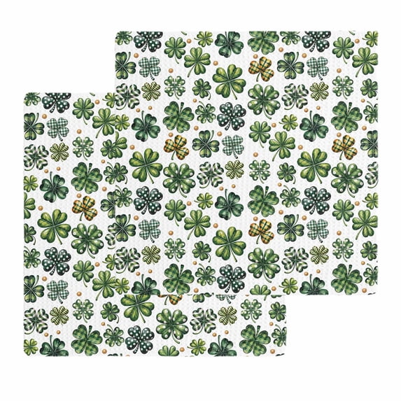 St Patrick's Day Kitchen Dish Towels for Drying Dishes Set of 2, Spring Four Leaf Shamrock Spring Watercolor Waffle Weave Microfiber Hand Tea Bathroom Towels Quick Dry & Absorbent Towel 12x12